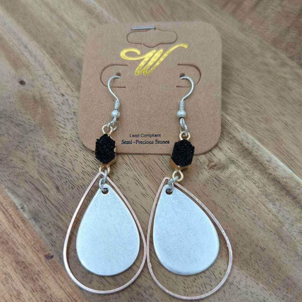 W New dangle earrings silver gold tone semi precious stone teardrop